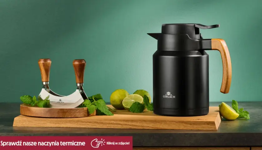 Czarny termos Gerlach z drewnianą rączką, siekacz do ziół i limonki. Czy termos można myć w zmywarce? Sprawdź nasze naczynia termiczne.