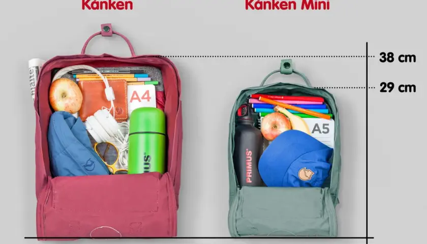 Porównanie kanken plecak rozmiary: większy mieści A4, mniejszy A5. Oba pełne akcesoriów.