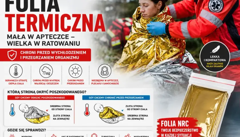 Folia termiczna: jak używać, by chronić przed wychłodzeniem i przegrzaniem. Złota strona do ciała dla ogrzania, srebrna na zewnątrz dla ochrony przed słońcem. Niezbędna w apteczce.