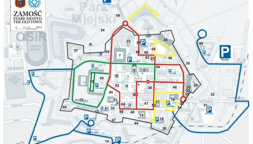 Mapa Zamościa z zaznaczonymi trasami spacerowymi i parkingami. Odkryj zamość atrakcje i zaplanuj zwiedzanie.