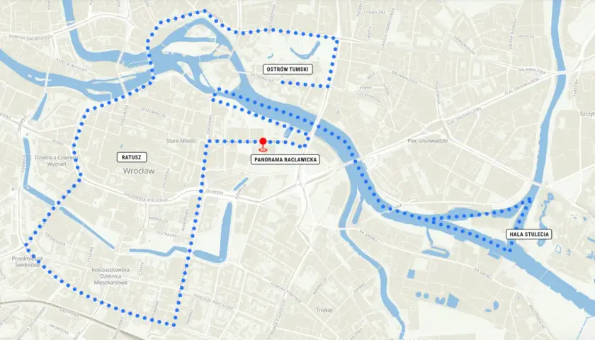 Wrocław plan zwiedzania: trasa obejmuje Ostrów Tumski, Ratusz, Panoramę Racławicką i Halę Stulecia.