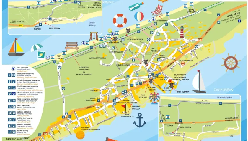 Mapa Krynicy Morskiej z zaznaczonymi atrakcjami: plaże, porty, ścieżki rowerowe, punkty widokowe.