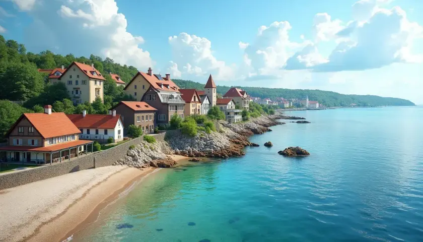 Malownicze domy nad turkusowym morzem, idealne miejsce, by znaleźć, gdzie najtaniej nad morzem. Piękna plaża i spokojna woda.