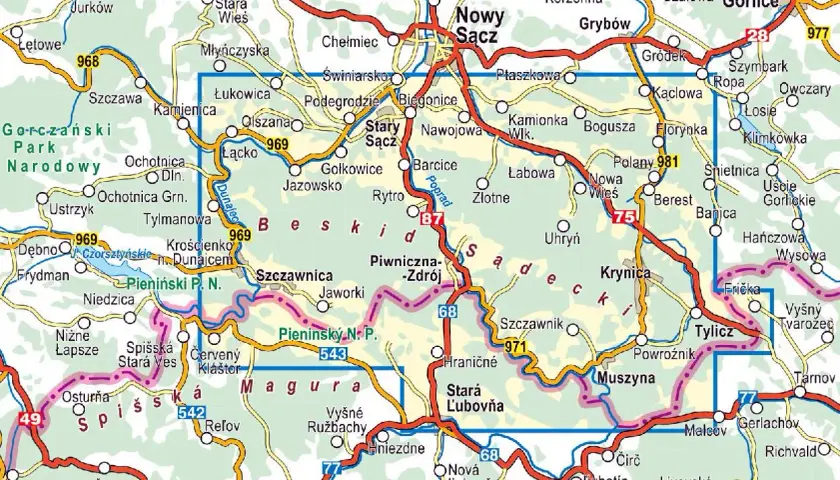 Mapa turystyczna **Beskidu Sądeckiego** z zaznaczonymi drogami, miejscowościami i parkami narodowymi.