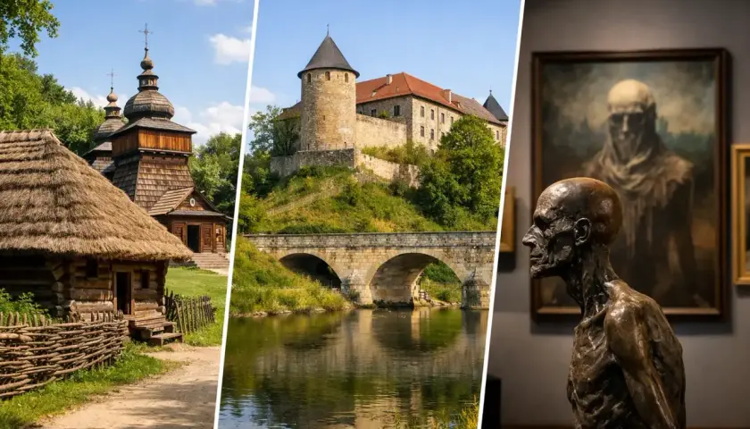 Drewniana cerkiew, kamienny most i zamek nad rzeką, a w tle galeria sztuki. Odkryj **Sanok atrakcje**!