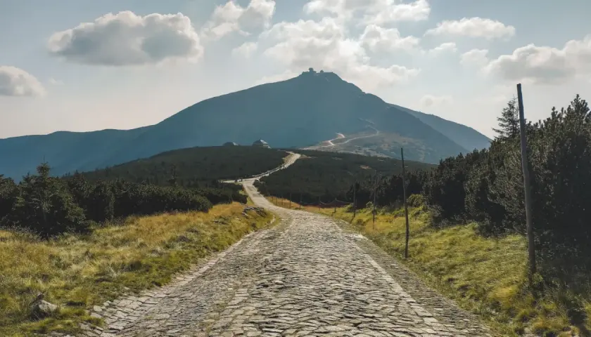 Kamienna karpacz trasa wije się ku górze, otoczona trawami i kosodrzewiną. W oddali majaczy szczyt z budynkami.