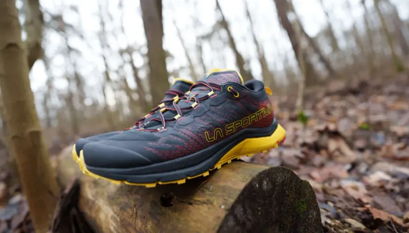 Buty trekkingowe La Sportiva na pniu w lesie. Sprawdź, czy la sportiva rozmiarówka pasuje do Twoich stóp.