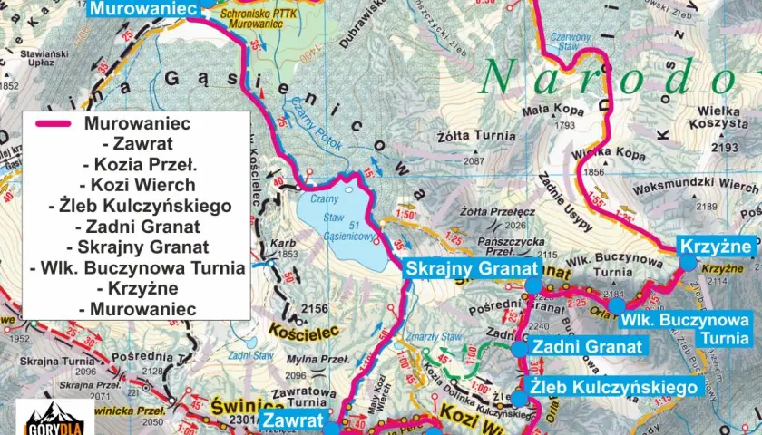 Mapa Orlej Perci z zaznaczonymi szczytami i ich wysokością, np. Kozi Wierch 2100 m.