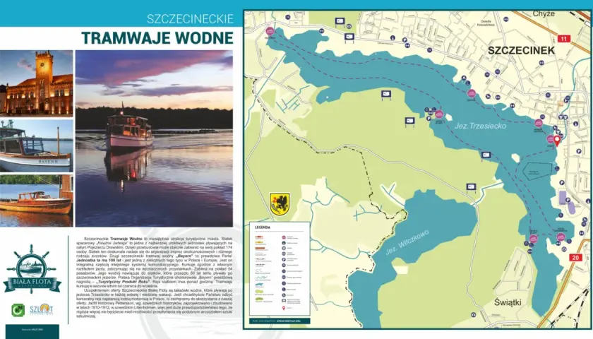 Szczecinek atrakcje: mapa z tramwajami wodnymi po Jeziorze Trzesiecko i Wilczkowo, statki "Bayern" i "Księżna Jadwiga".