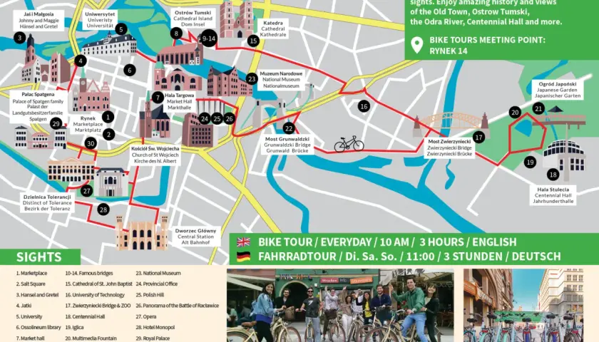 Mapa Wrocławia z zaznaczoną trasą rowerową. Gdzie pójść we Wrocławiu? Zobacz 30 atrakcji, Rynek, Ostrów Tumski, Most Grunwaldzki.
