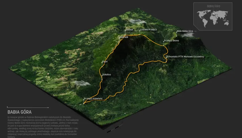 Trójwymiarowa mapa z zaznaczonymi szlakami na Babiej Górze. Widoczne szczyty: Diablak, Gówniak, Mała Babia Góra.
