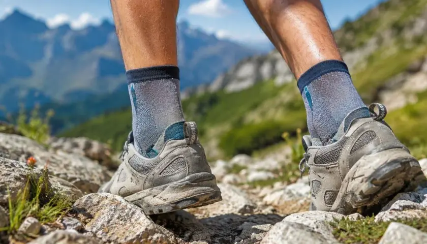 Nogi w butach trekkingowych i skarpety w góry, stawiające pierwsze kroki na kamienistym szlaku.