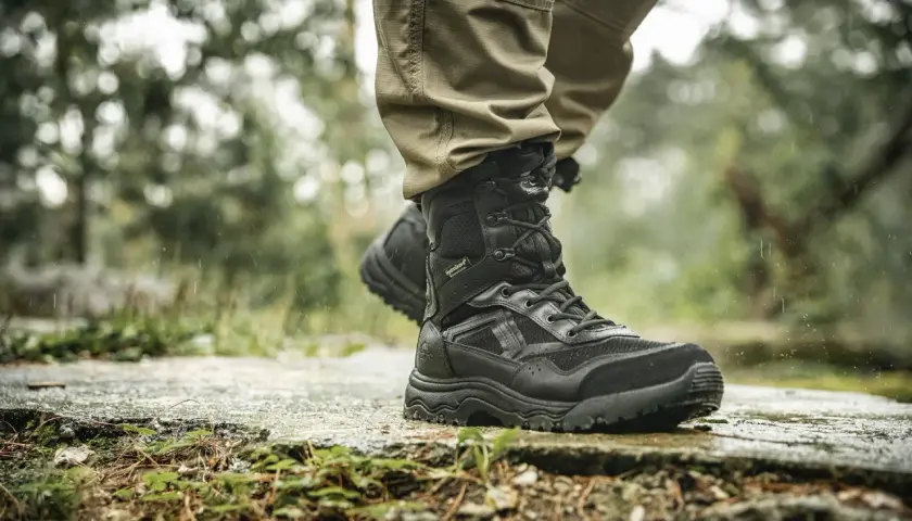 Czarne, wysokie buty trekkingowe z membraną HydroGuard na mokrej, kamienistej ścieżce. Idealne na trudne warunki.