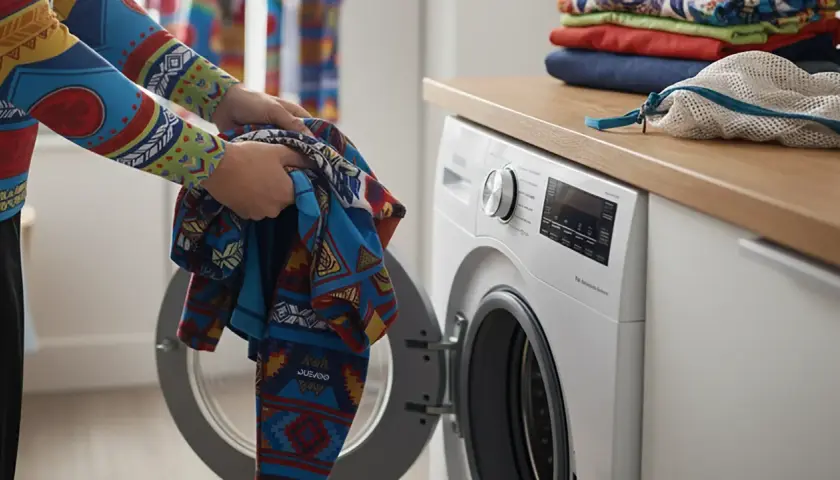 Ręce wkładają kolorową odzież termiczną do otwartej pralki. Dowiedz się, jak prać odzież termiczną, by służyła latami.