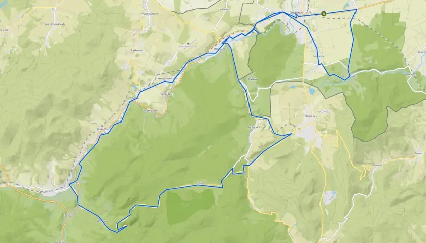 Mapa turystyczna z zaznaczoną trasą wokół Głuchołaz. Atrakcje przyrodnicze i miejscowości na trasie.