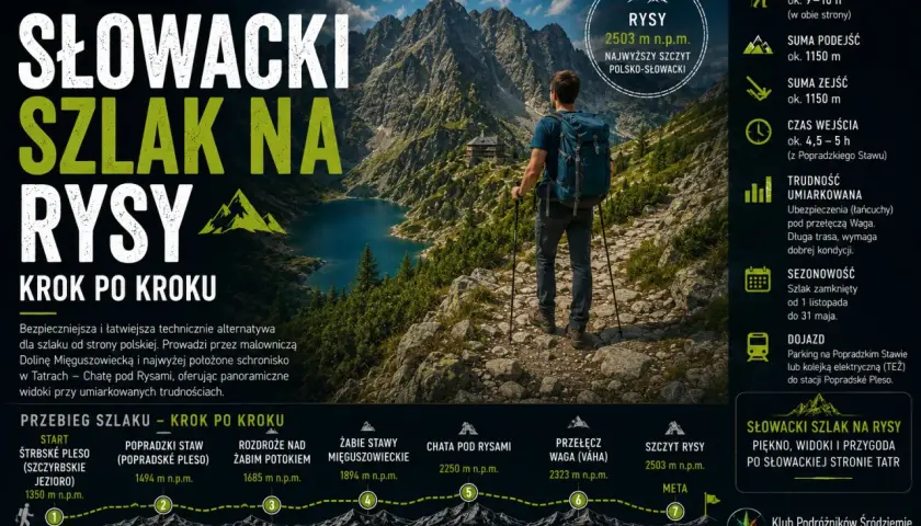 Turysta z plecakiem na szlaku w Tatrach, w tle jezioro i góry.
