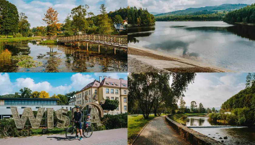 Malownicze widoki i atrakcje Wisły: park z mostkiem, jezioro, napis "WISŁA" z rowerzystami i urokliwa ścieżka nad rzeką.