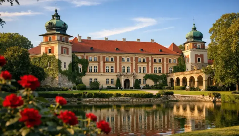 Pałac w Łańcucie, otoczony zielenią i kwitnącymi różami, z odbiciem w stawie. Wspaniałe łańcut atrakcje.