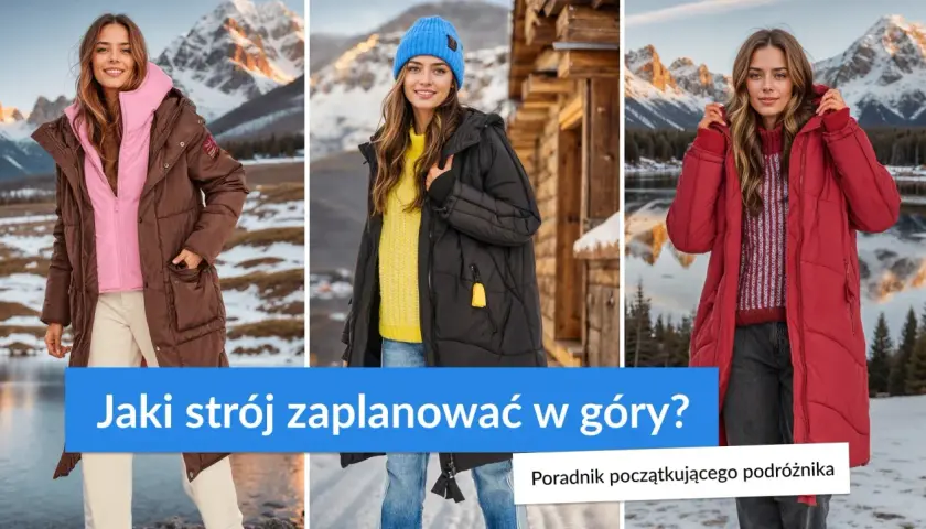 Trzy kobiety w zimowych stylizacjach, każda w innej kurtce: brązowej, czarnej i czerwonej. Idealna kurtka w góry to podstawa komfortu.