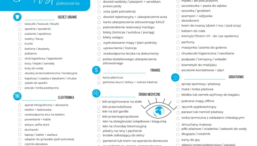 Lista rzeczy do spakowania: odzież, obuwie, elektronika, dokumenty, finanse, leki, kosmetyki, dodatki.