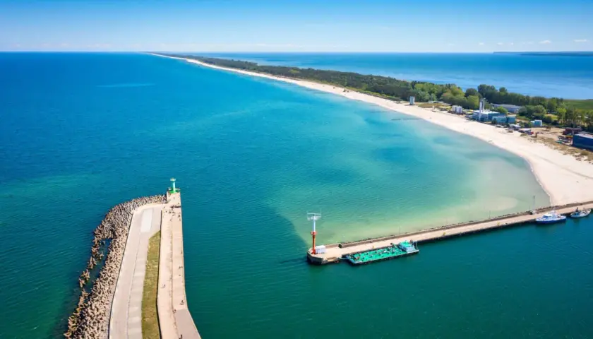 Władysławowo atrakcje: molo, latarnia morska i plaża nad Bałtykiem. Widok z lotu ptaka na port i piaszczyste wybrzeże.
