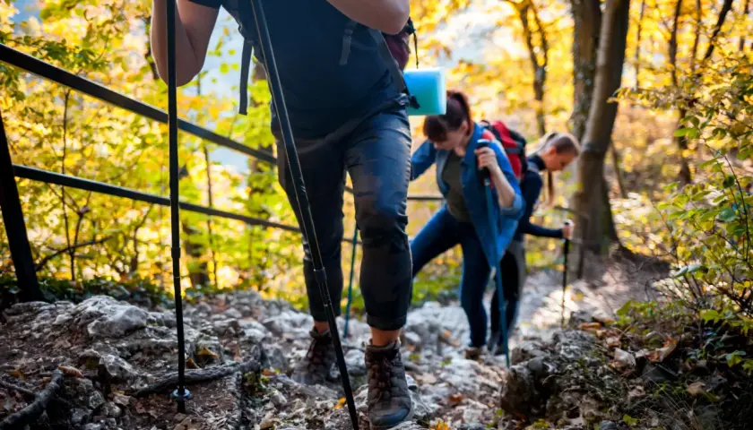 Trzy osoby wędrują jesiennym szlakiem, ciesząc się pięknymi widokami. To idealny moment na planowanie podróży i odkrywanie nowych miejsc.