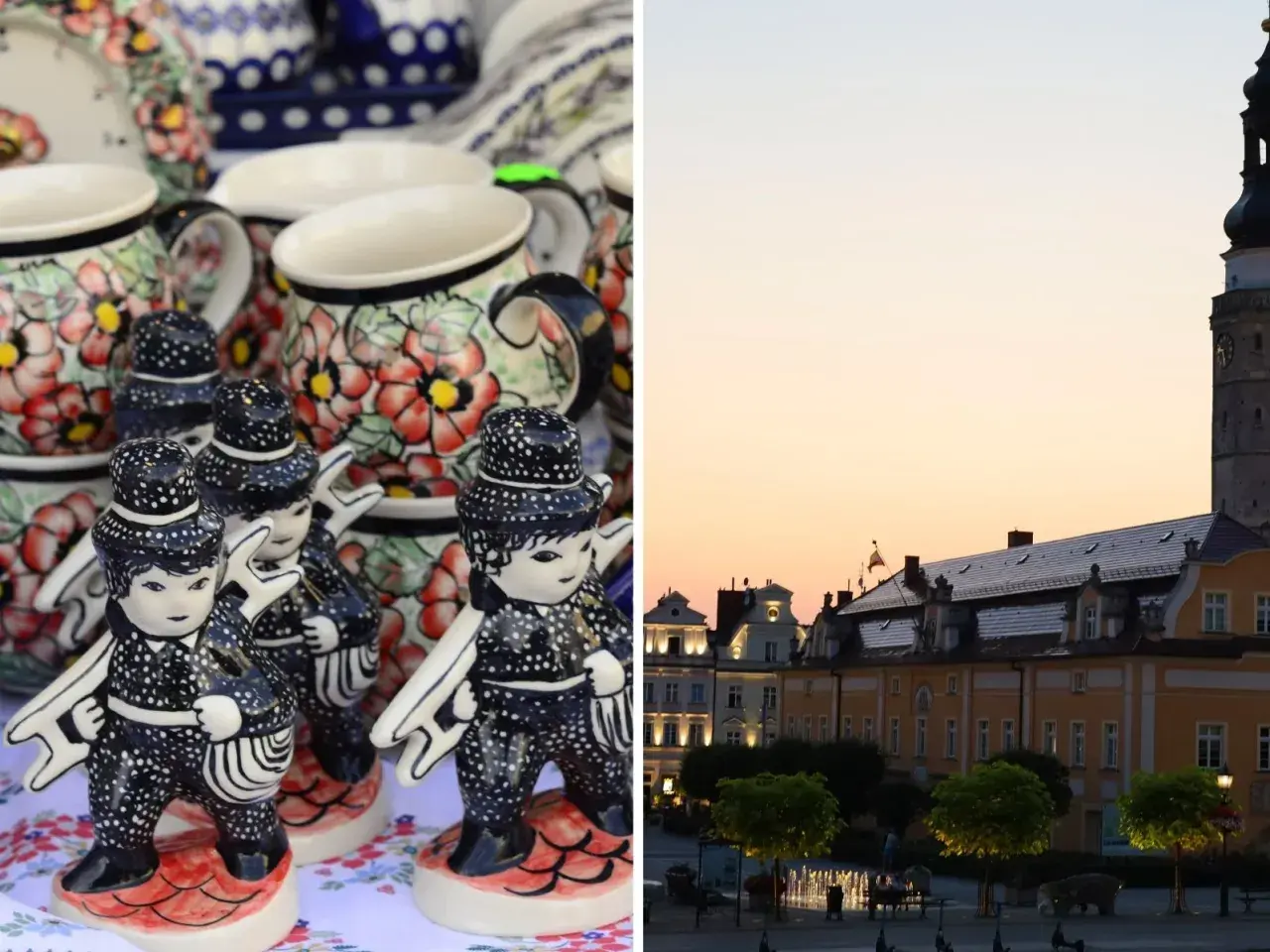 Bolesławiec atrakcje: ceramiczne figurki i urokliwy rynek o zachodzie słońca.