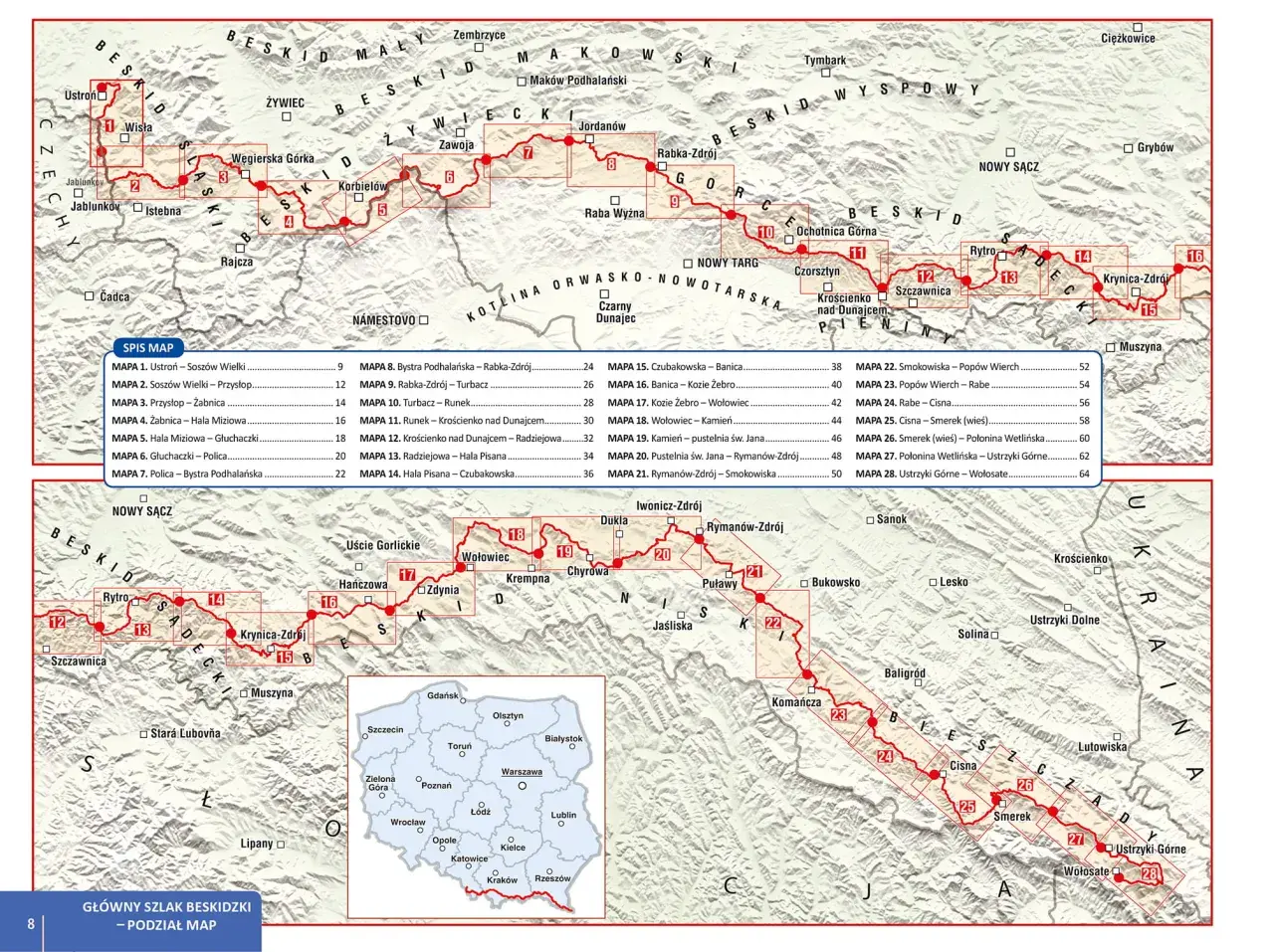 Mapa GSB szlak, pokazująca przebieg Głównego Szlaku Beskidzkiego z zaznaczonymi odcinkami i miejscowościami.