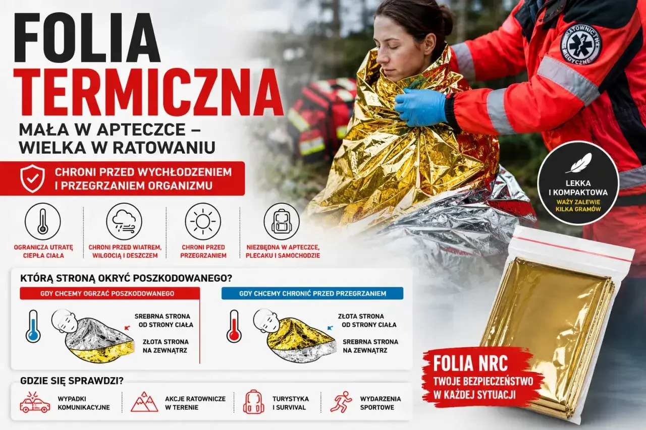 Folia termiczna: jak używać, by chronić przed wychłodzeniem i przegrzaniem. Złota strona do ciała dla ogrzania, srebrna na zewnątrz dla ochrony przed słońcem. Niezbędna w apteczce.