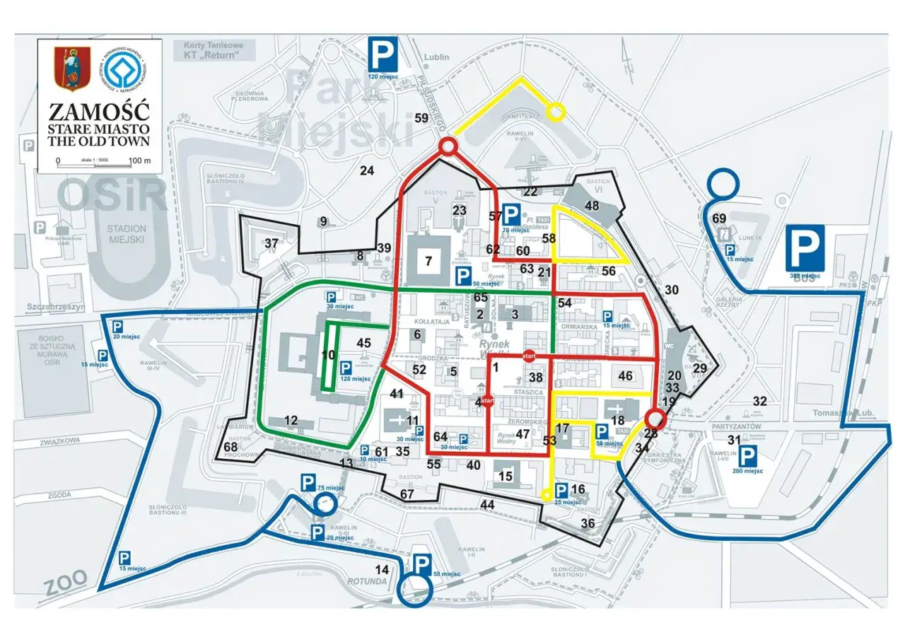 Mapa Zamościa z zaznaczonymi trasami spacerowymi i parkingami. Odkryj zamość atrakcje i zaplanuj zwiedzanie.