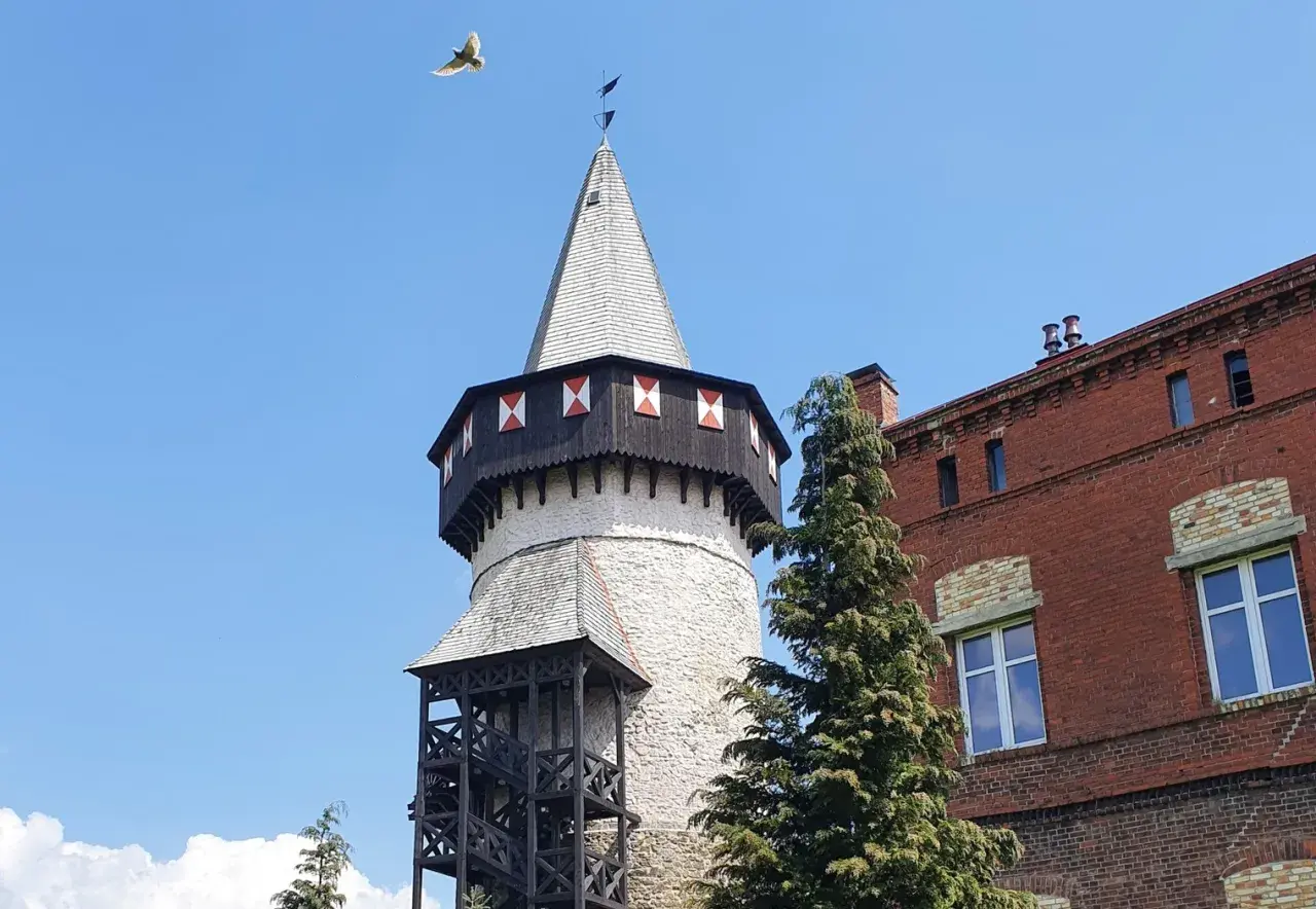 Wieża zamkowa w Prudniku, jedna z głównych atrakcji, z ptakiem w locie na tle błękitnego nieba.