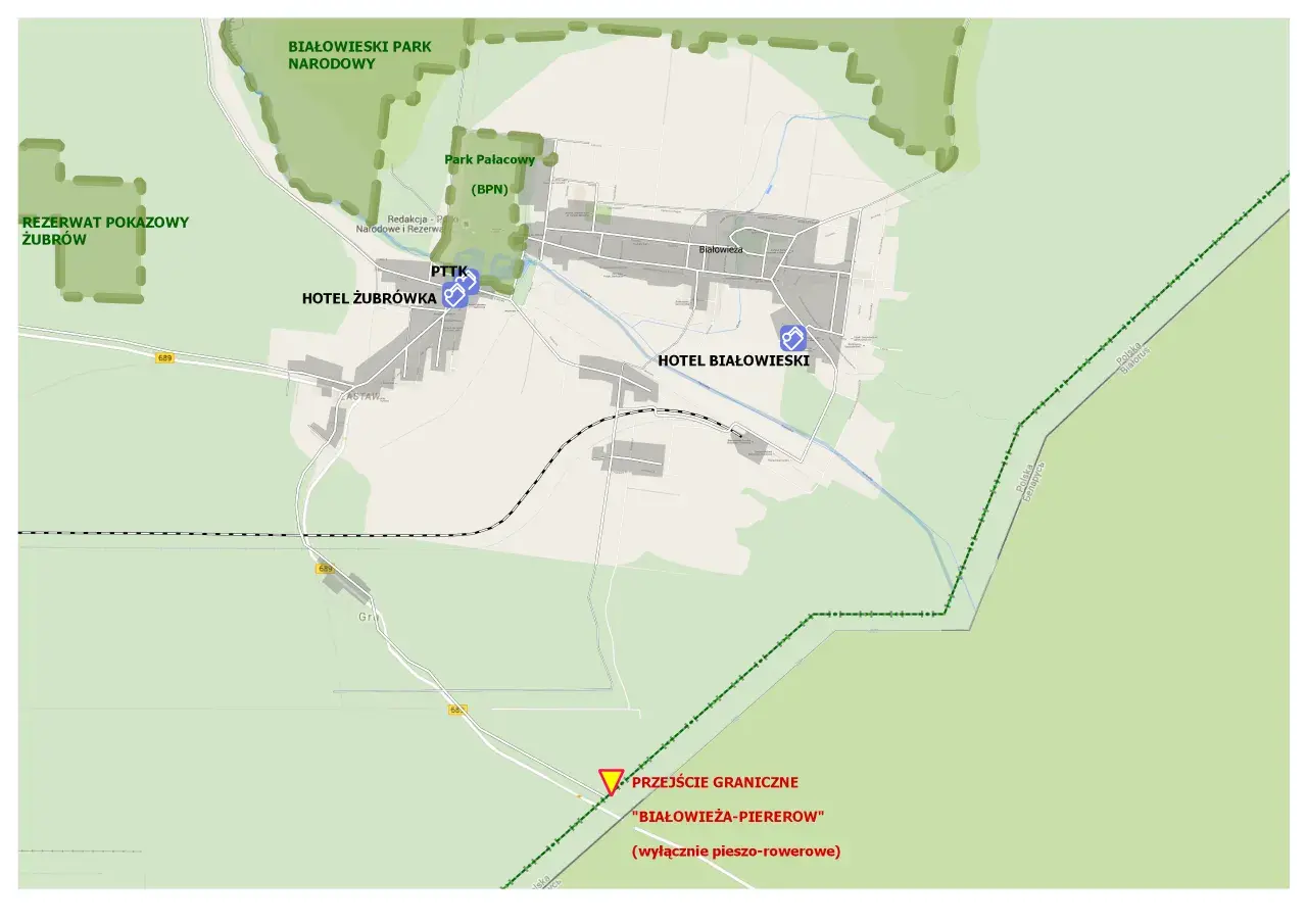 Mapa Białowieży z zaznaczonymi atrakcjami: Rezerwat Żubrów, Park Pałacowy, hotele, PTTK. Plan zwiedzania obejmuje też przejście graniczne.