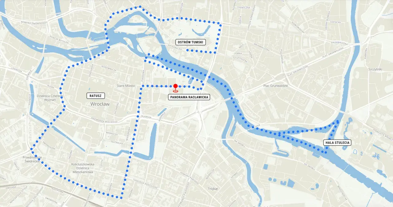 Wrocław plan zwiedzania: trasa obejmuje Ostrów Tumski, Ratusz, Panoramę Racławicką i Halę Stulecia.