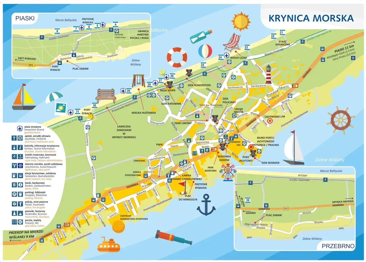 Mapa Krynicy Morskiej z zaznaczonymi atrakcjami: plaże, porty, ścieżki rowerowe, punkty widokowe.