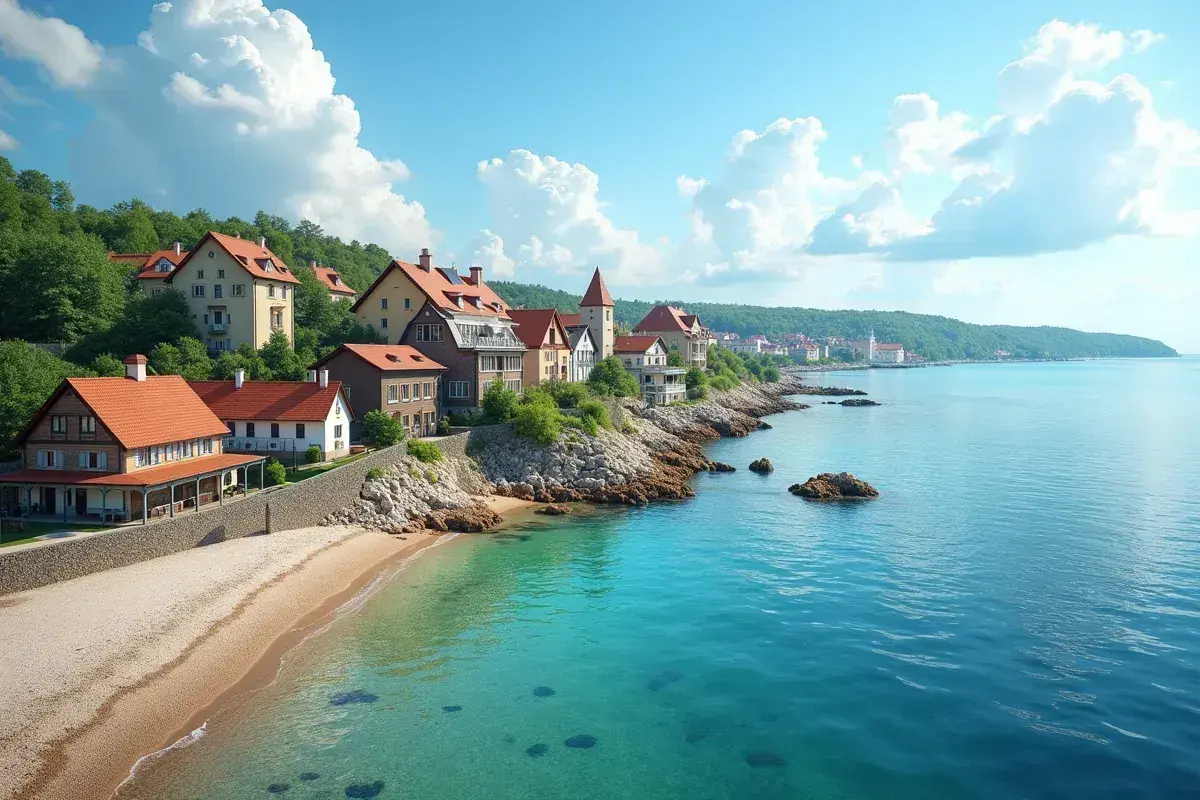 Malownicze domy nad turkusowym morzem, idealne miejsce, by znaleźć, gdzie najtaniej nad morzem. Piękna plaża i spokojna woda.