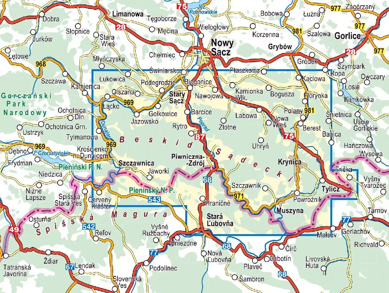 Mapa turystyczna **Beskidu Sądeckiego** z zaznaczonymi drogami, miejscowościami i parkami narodowymi.