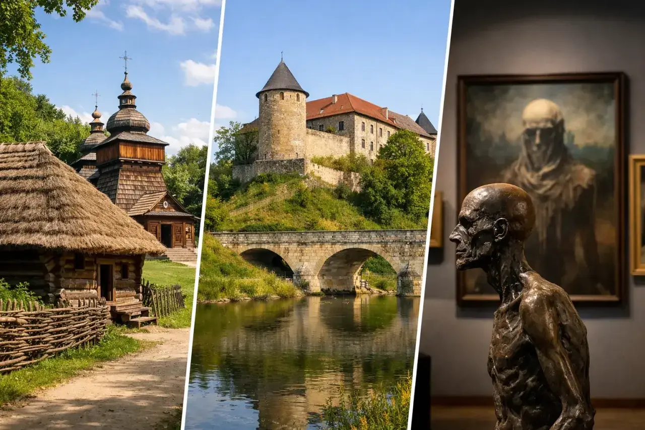 Drewniana cerkiew, kamienny most i zamek nad rzeką, a w tle galeria sztuki. Odkryj **Sanok atrakcje**!