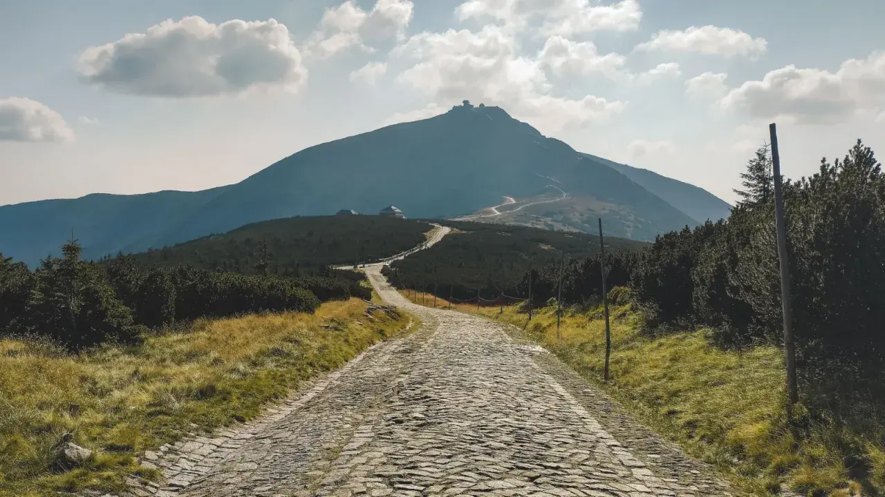 Kamienna karpacz trasa wije się ku górze, otoczona trawami i kosodrzewiną. W oddali majaczy szczyt z budynkami.