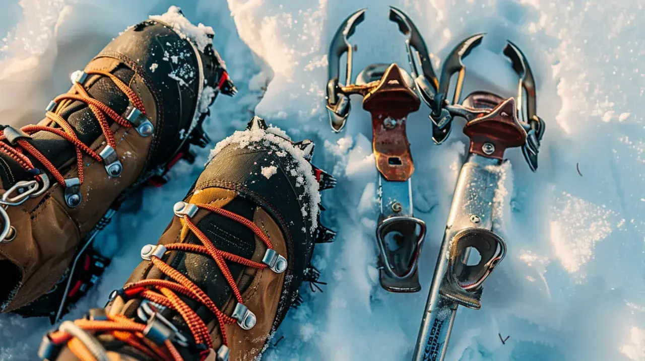 Zimowe buty trekkingowe z założonymi raczkami i obok leżące raki na buty, gotowe do wspinaczki po lodzie.
