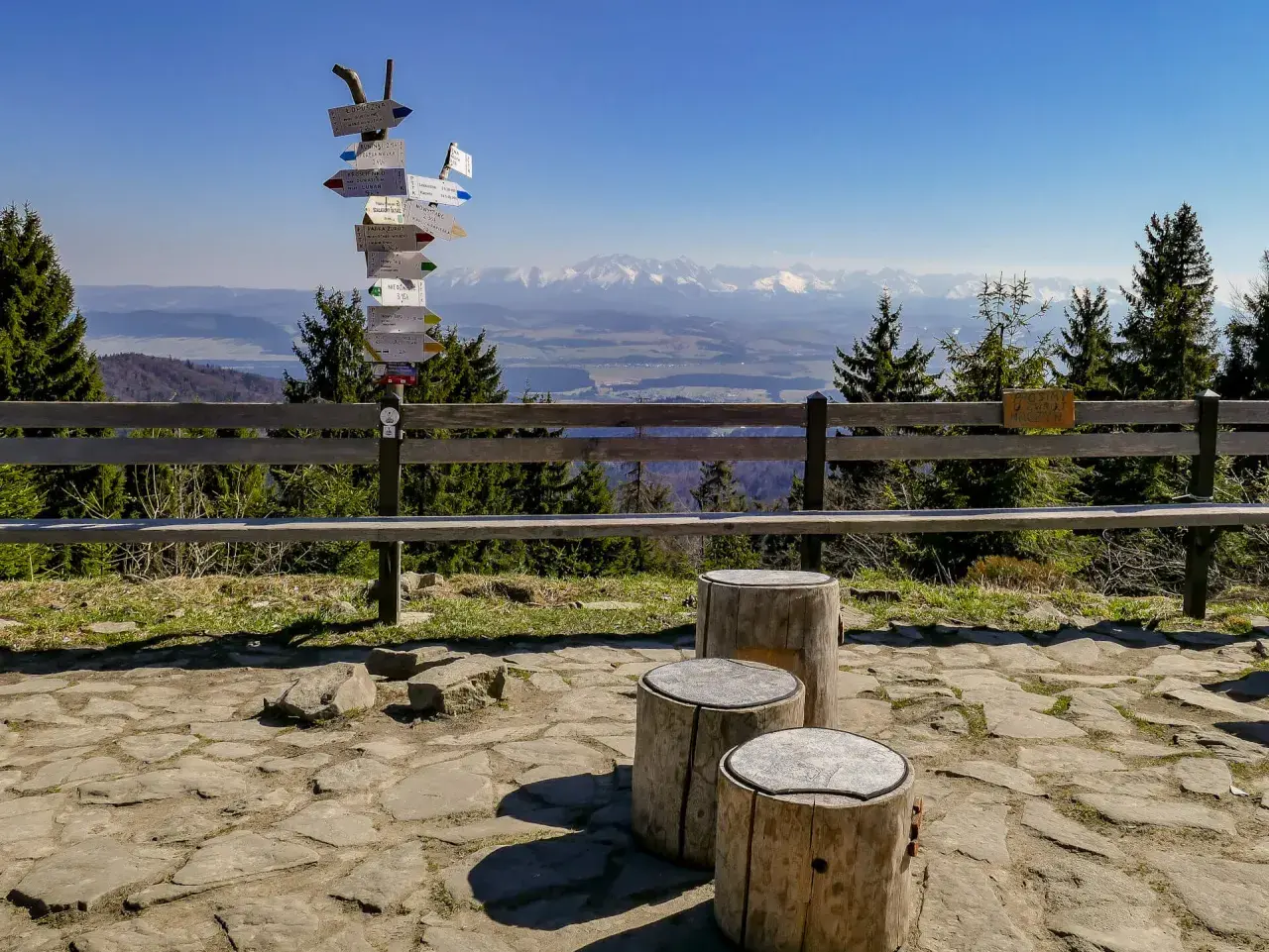 Słup z drogowskazami turystycznymi w pobliżu parkingu na Turbaczu. W tle piękne widoki na Tatry.