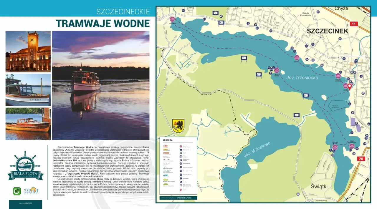 Szczecinek atrakcje: mapa z tramwajami wodnymi po Jeziorze Trzesiecko i Wilczkowo, statki "Bayern" i "Księżna Jadwiga".