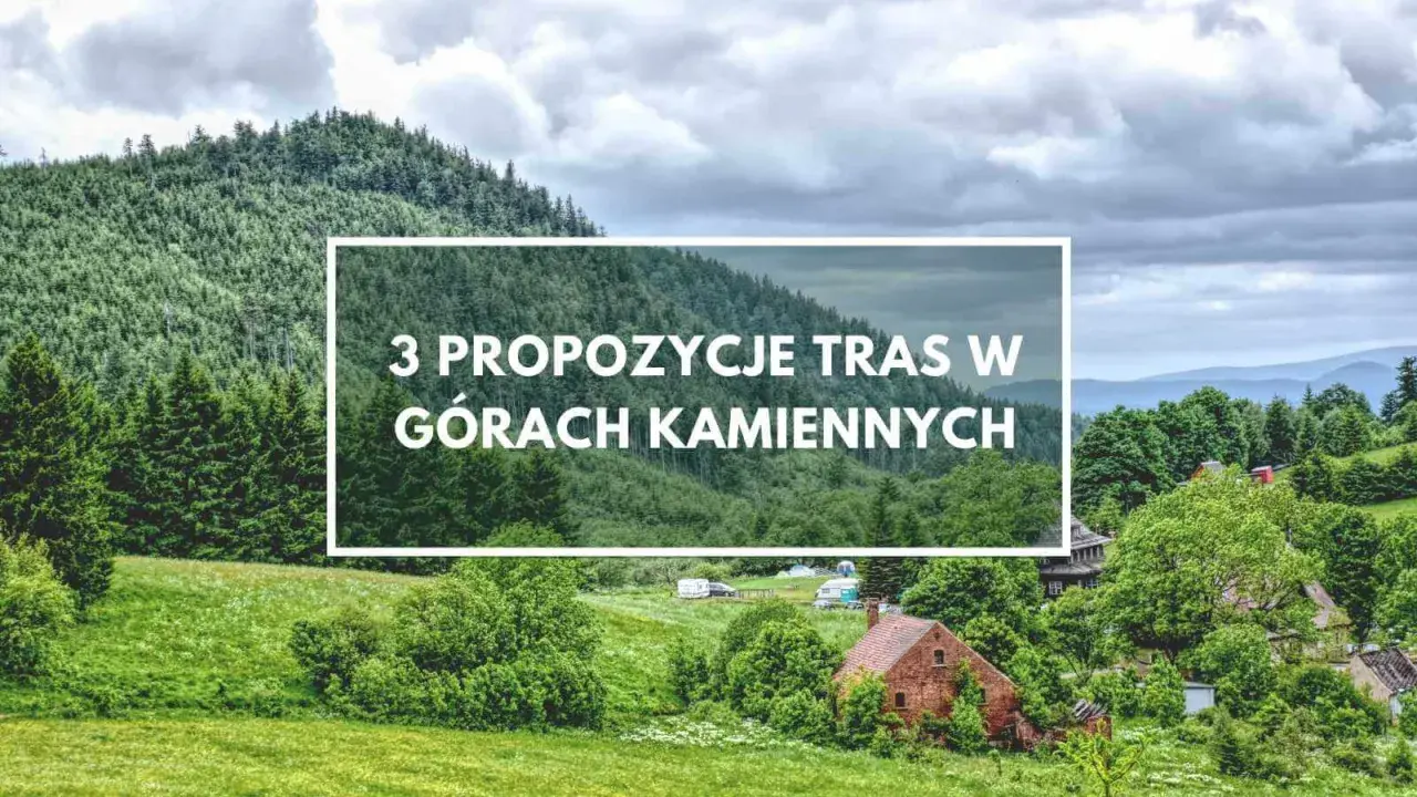 Widok na zalesiony zbocze góry Waligóra. W oddali widać pasmo górskie i kilka domów. Tekst: "3 propozycje tras w Górach Kamiennych".