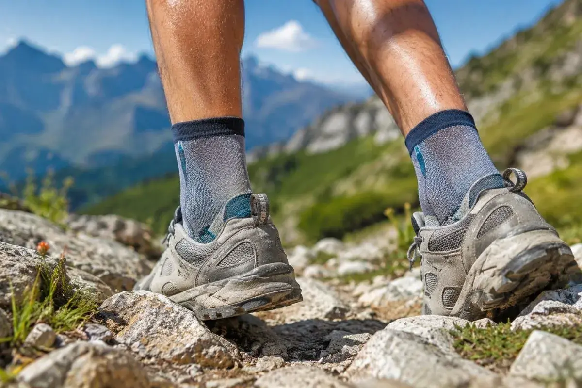 Nogi w butach trekkingowych i skarpety w góry, stawiające pierwsze kroki na kamienistym szlaku.