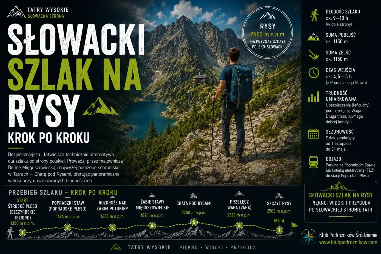 Turysta z plecakiem na szlaku w Tatrach, w tle jezioro i góry.
