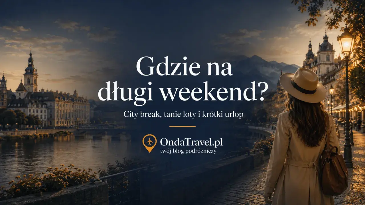 Kobieta w kapeluszu spaceruje po urokliwej uliczce miasta, zastanawiając się, gdzie spędzić **długi weekend**. City break, tanie loty i krótki urlop.