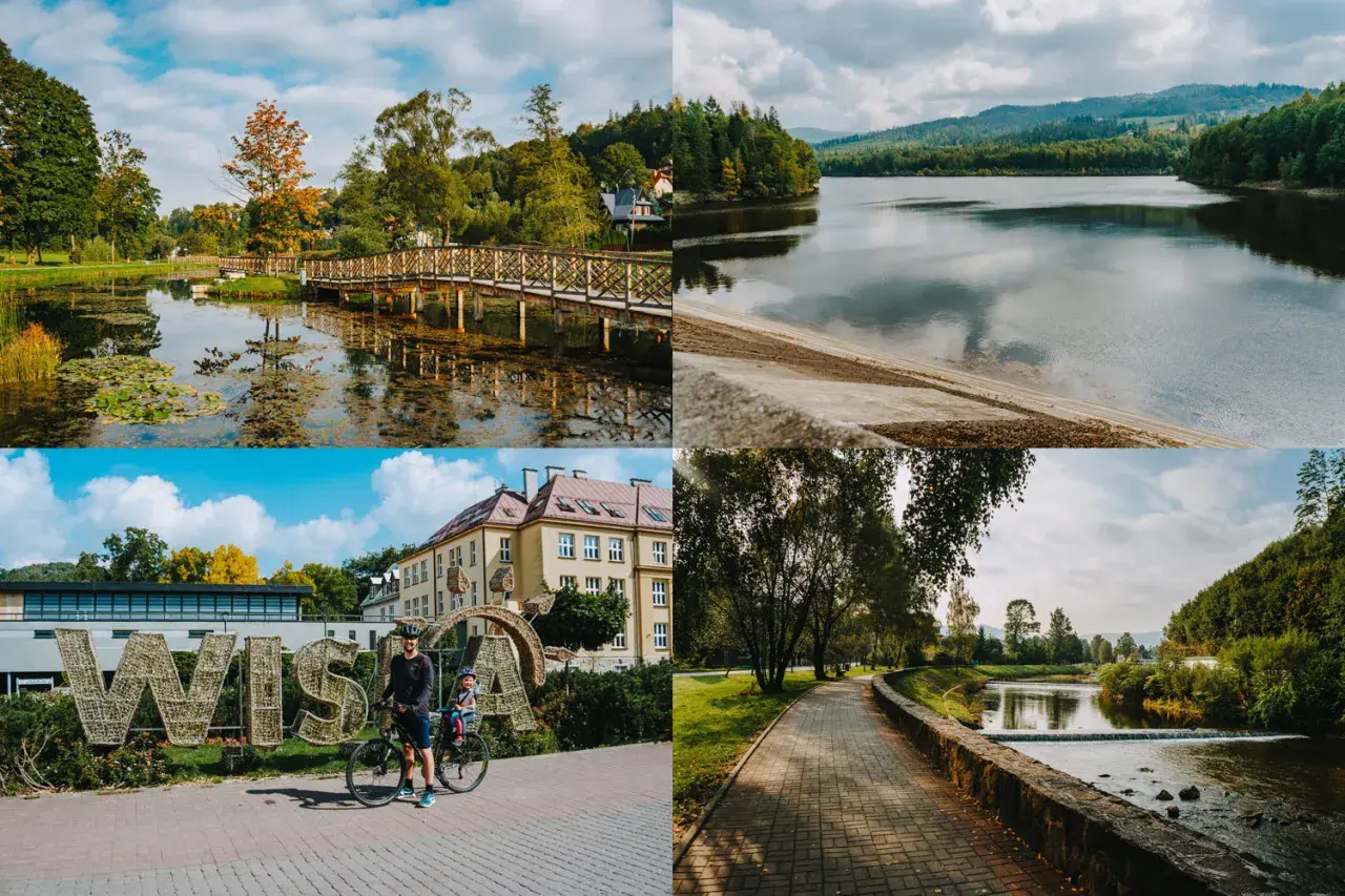 Malownicze widoki i atrakcje Wisły: park z mostkiem, jezioro, napis "WISŁA" z rowerzystami i urokliwa ścieżka nad rzeką.