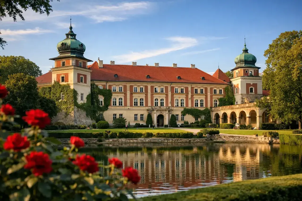 Pałac w Łańcucie, otoczony zielenią i kwitnącymi różami, z odbiciem w stawie. Wspaniałe łańcut atrakcje.