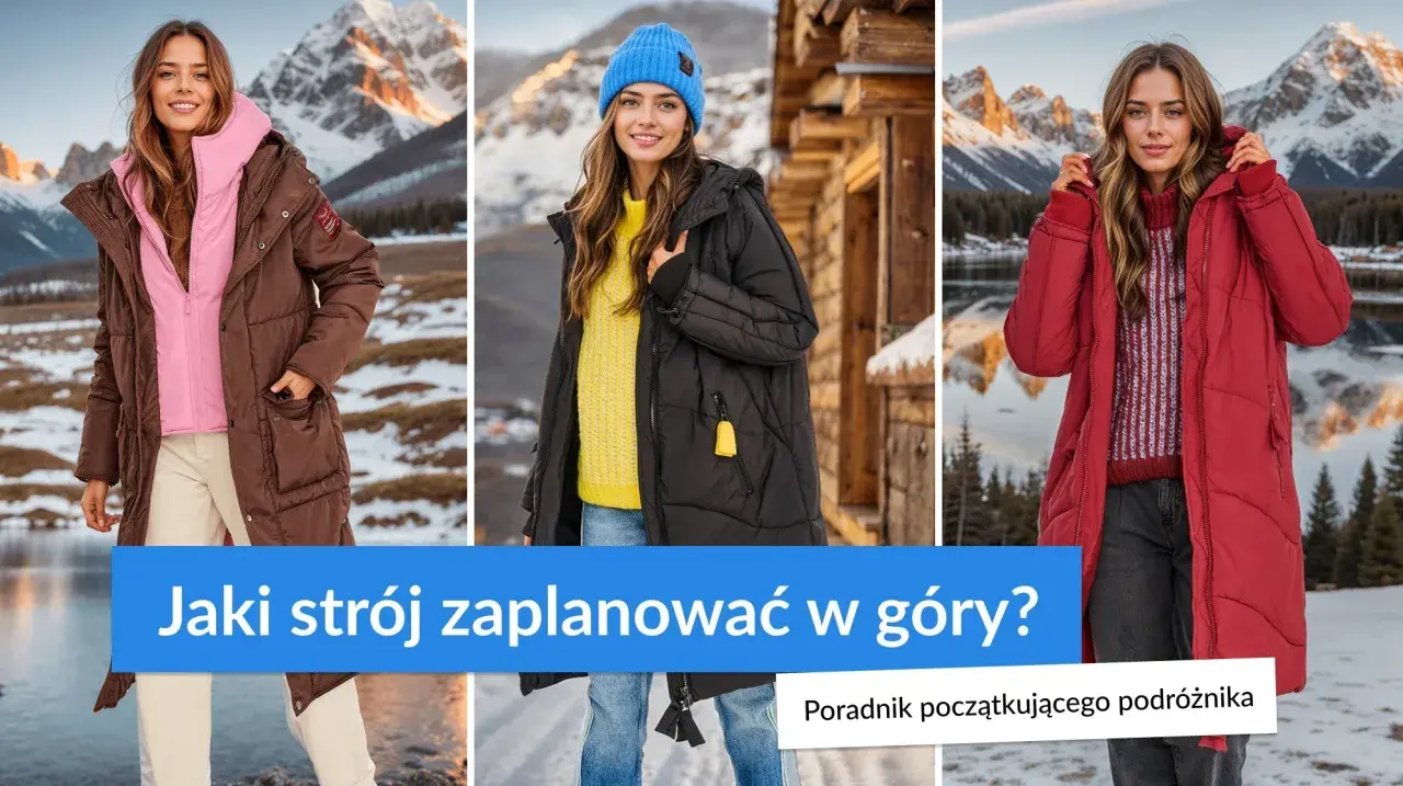 Trzy kobiety w zimowych stylizacjach, każda w innej kurtce: brązowej, czarnej i czerwonej. Idealna kurtka w góry to podstawa komfortu.