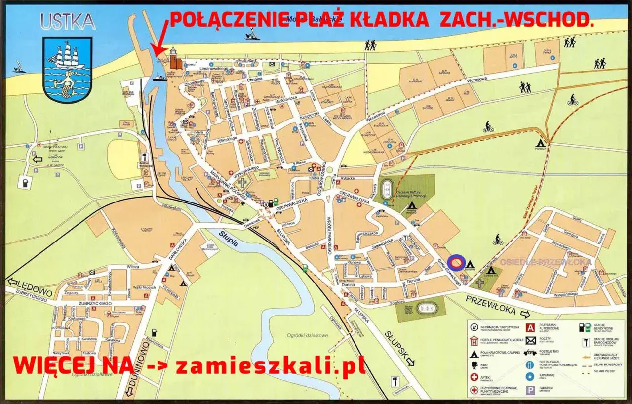 Mapa Ustki z zaznaczonymi atrakcjami, w tym połączeniem plaży kładką zachód-wschód.