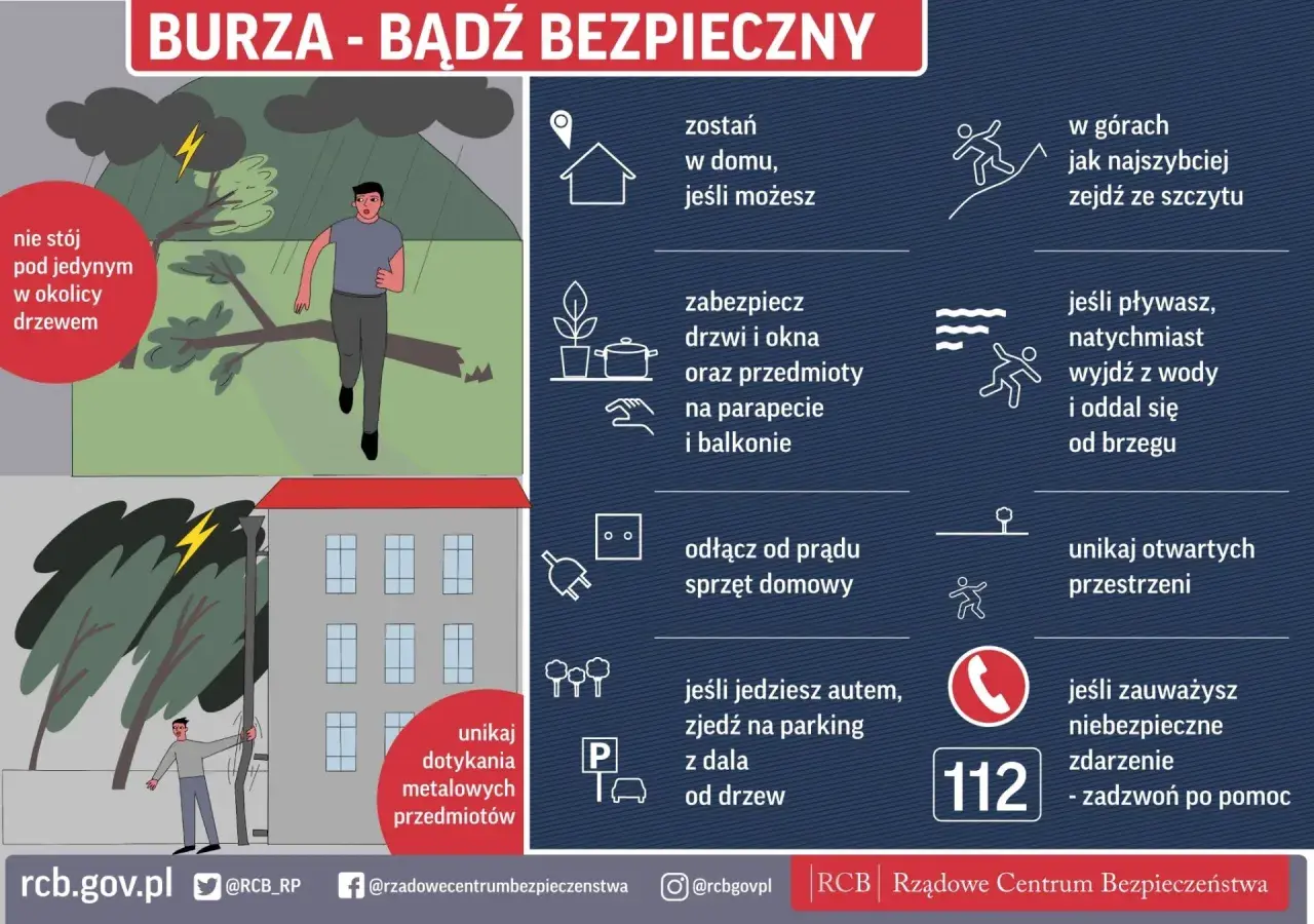 Burza w górach! Unikaj drzew i otwartych przestrzeni. Zabezpiecz dom, odłącz sprzęt. W razie potrzeby zadzwoń pod 112.
